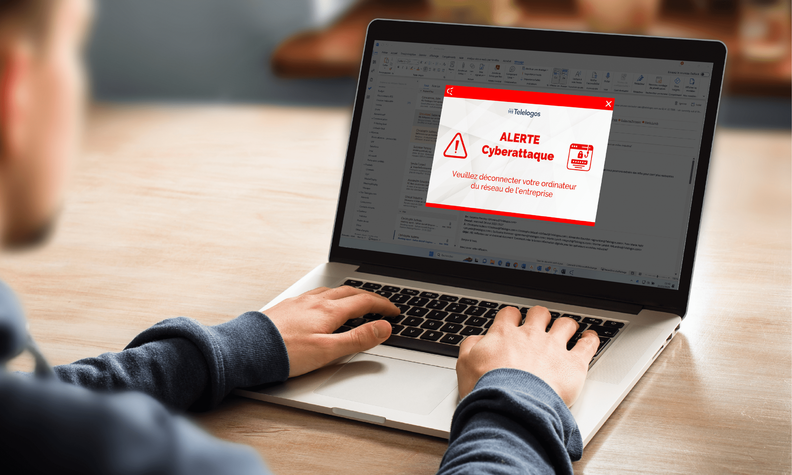 Exemple d'alerte diffuser sur les postes de travail des collaborateurs en cas de cyberattaque