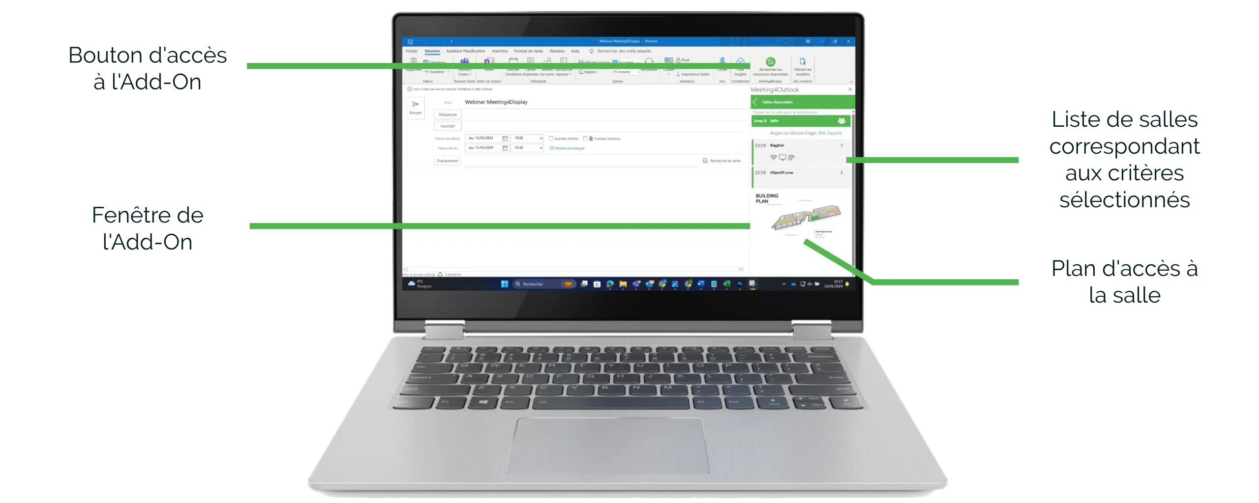 Schéma descriptif d'un add-on Outlook de réservation de salle de réunion