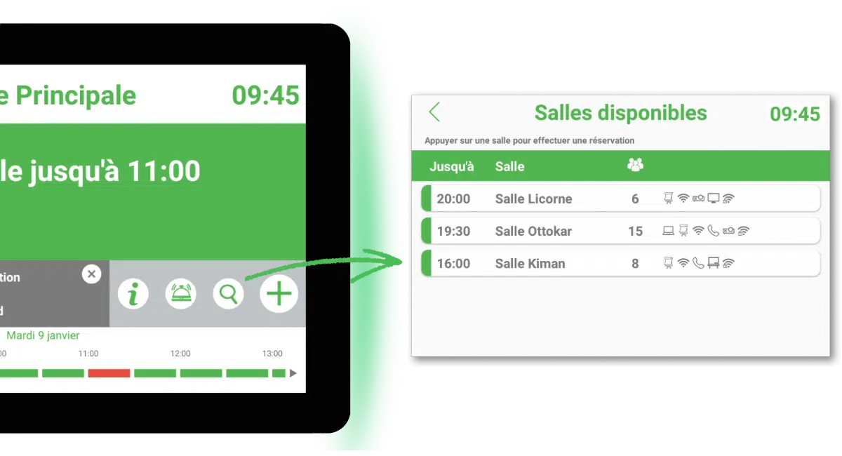 Recherche de salle de réunion via une tablette de réservation