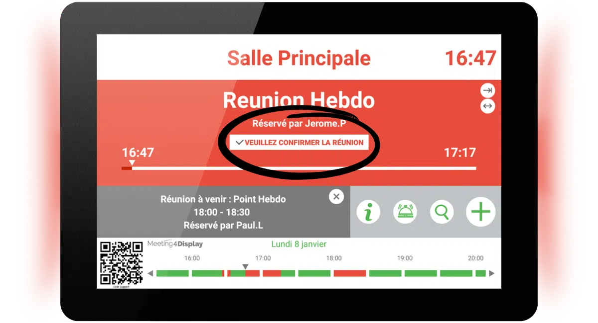 Confirmation de réunion sur tablette de réservation