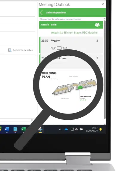 Plan de l'espace de travail dans l'add-on Outlook de réservation de salles de réunion