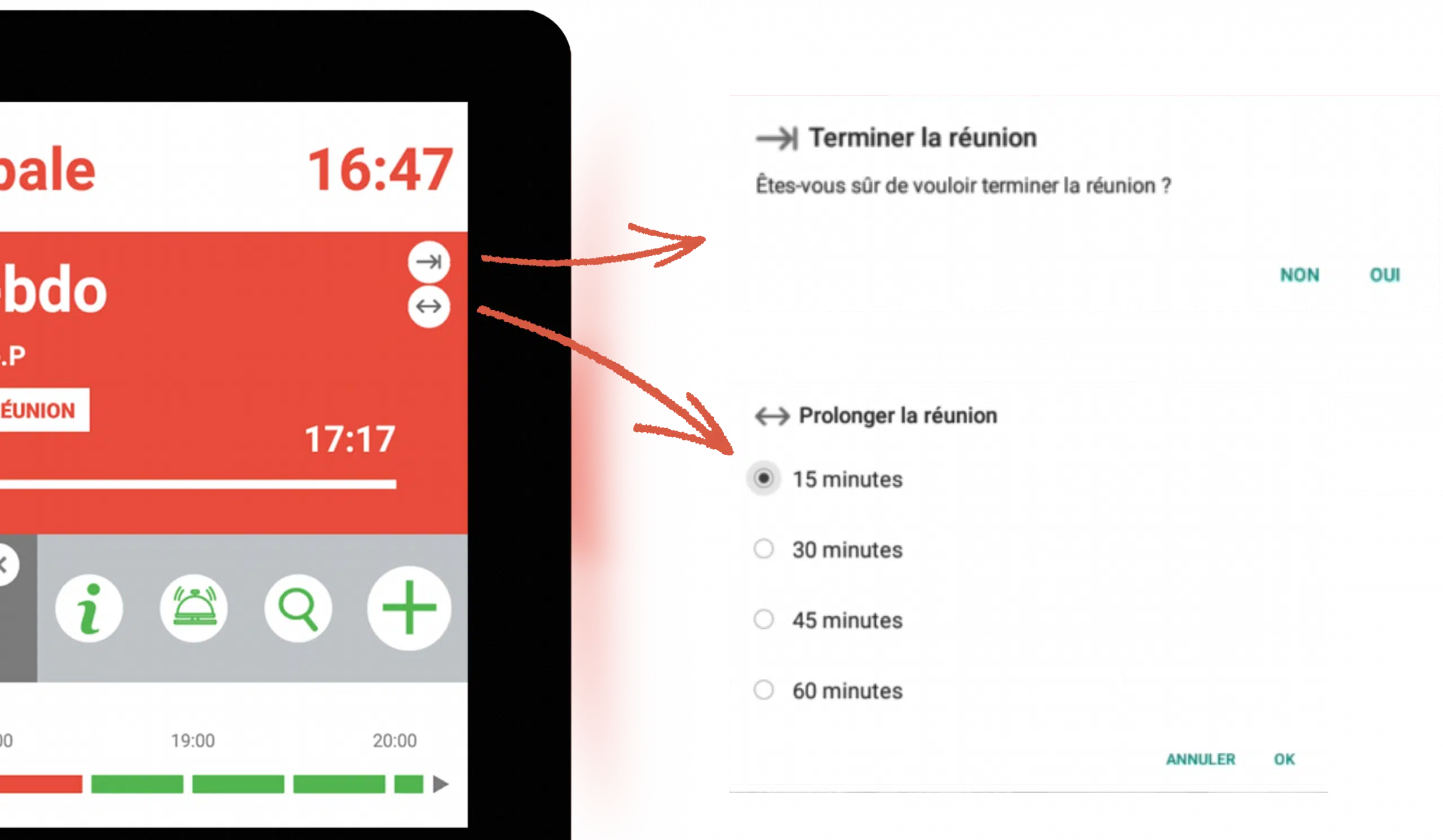 Terminer ou prolonger une réunion via une tablette de réservation de salle