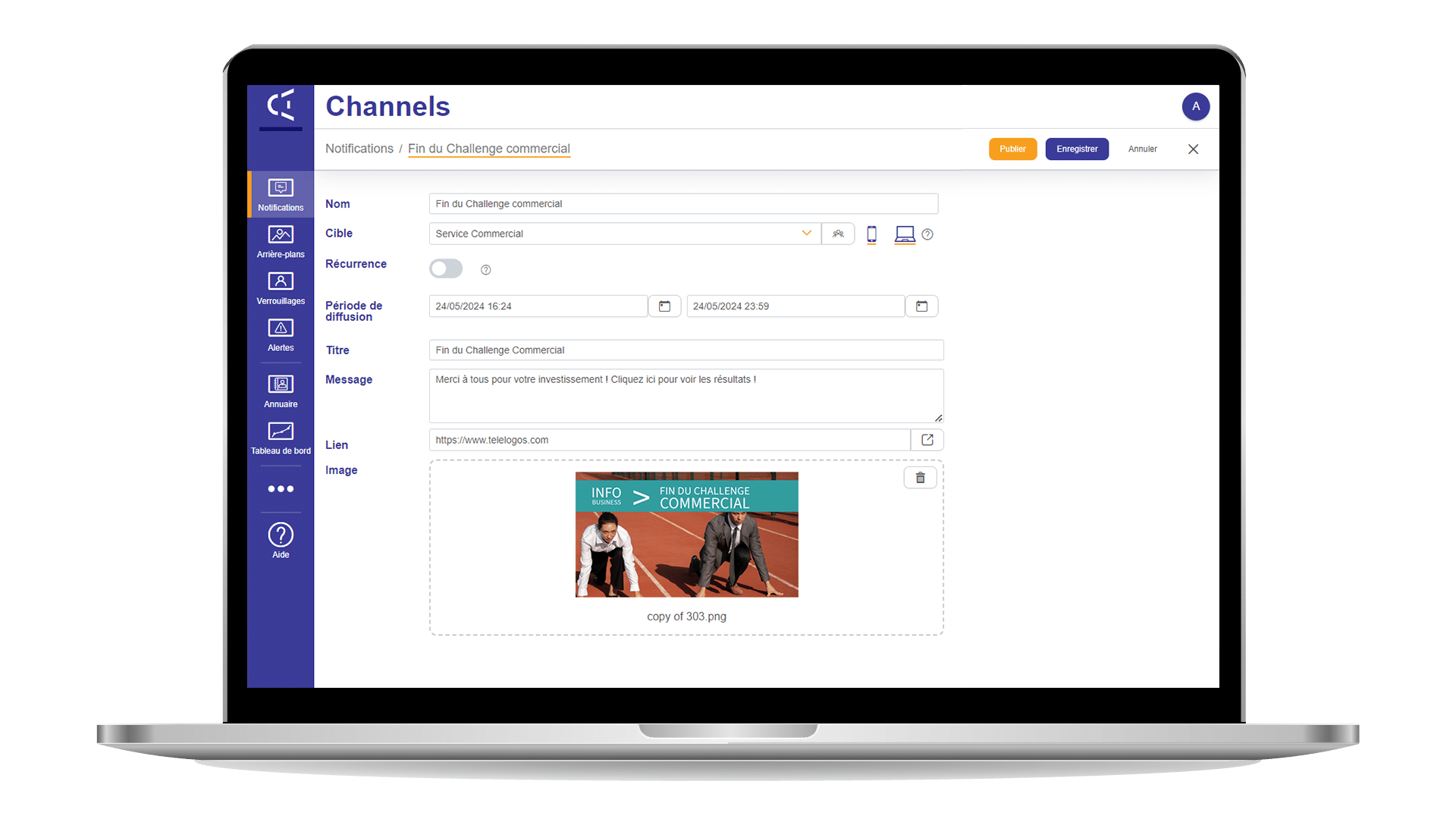 Interface d'un logiciel de communication interne et d'alerte