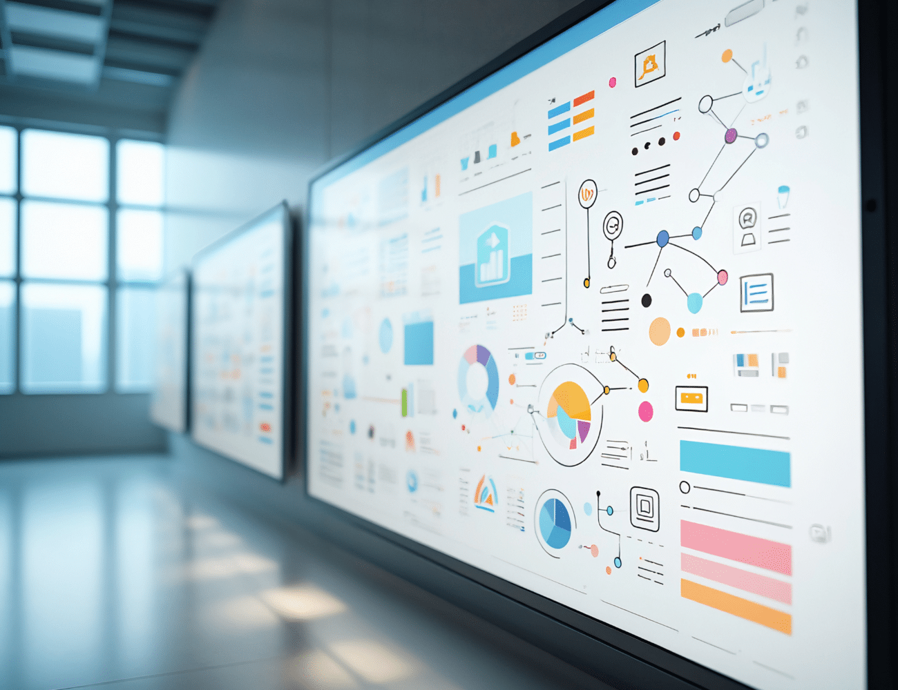 Mur obeya avec des écrans digitaux